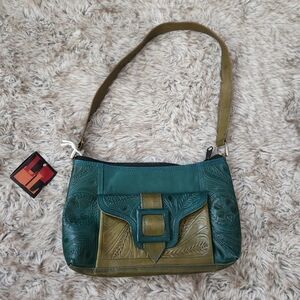 Leaders In‎ Leather Hand Tooled Buckle Pocket Shoulder Bag Blue And Green
